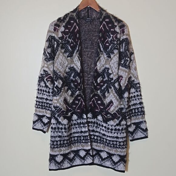 VERTIGO Aztec Eyelash Long Duster Cardigan Sweater Womens Large Southwestern - Picture 1 of 13